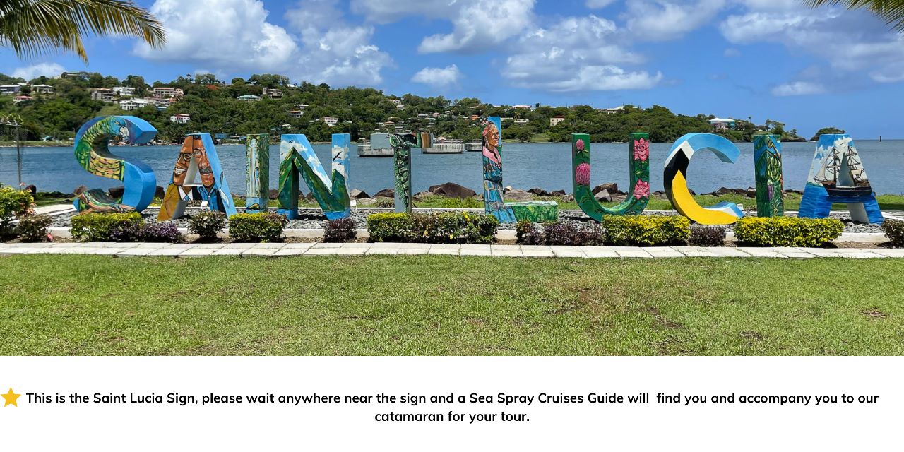 St. Lucia Sign a group of lawn chairs sitting on top of a grass covered field
