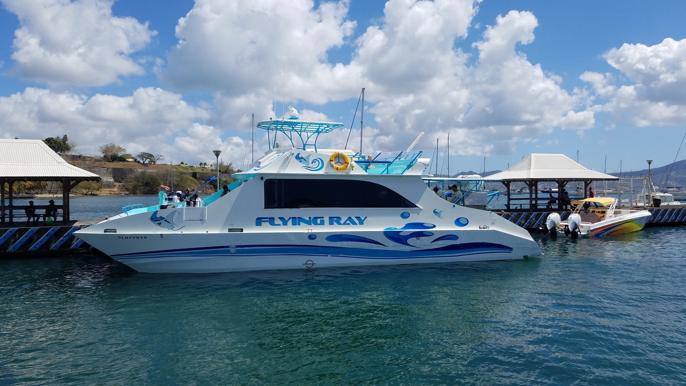 White and blue boat named 'Flying Ray' docked near wooden pier under a cloudy sky.