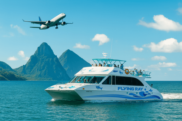 Boat named Flying Ray on water with airplane above, mountains in background.