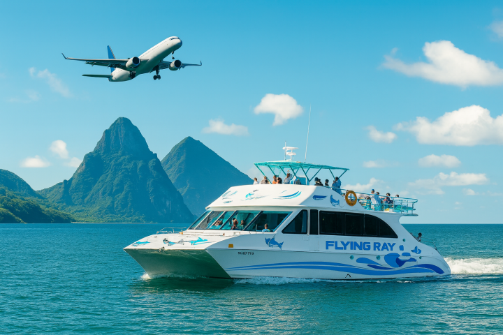 A jet flies over a boat named 'Flying Ray' with mountains in the background.