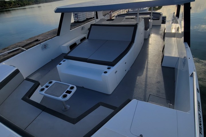 Modern catamaran with cushioned seating and canopy, docked by calm water on a sunny day.