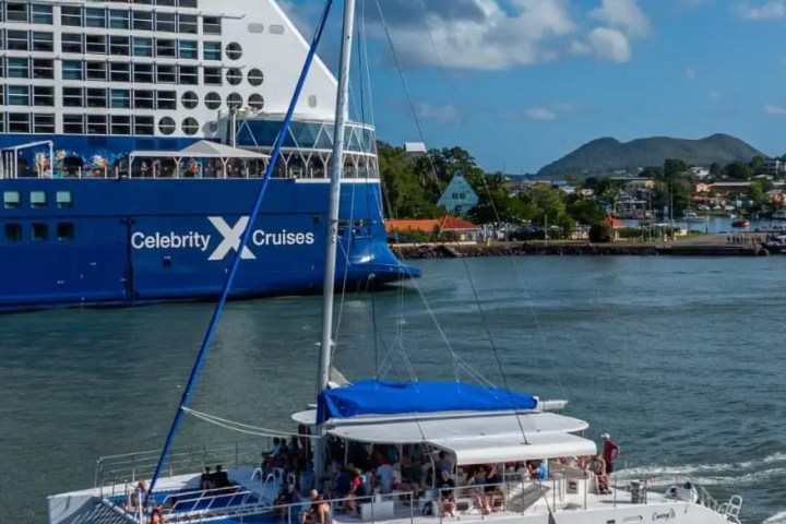 Small sailboat passing a large cruise ship in a harbor.